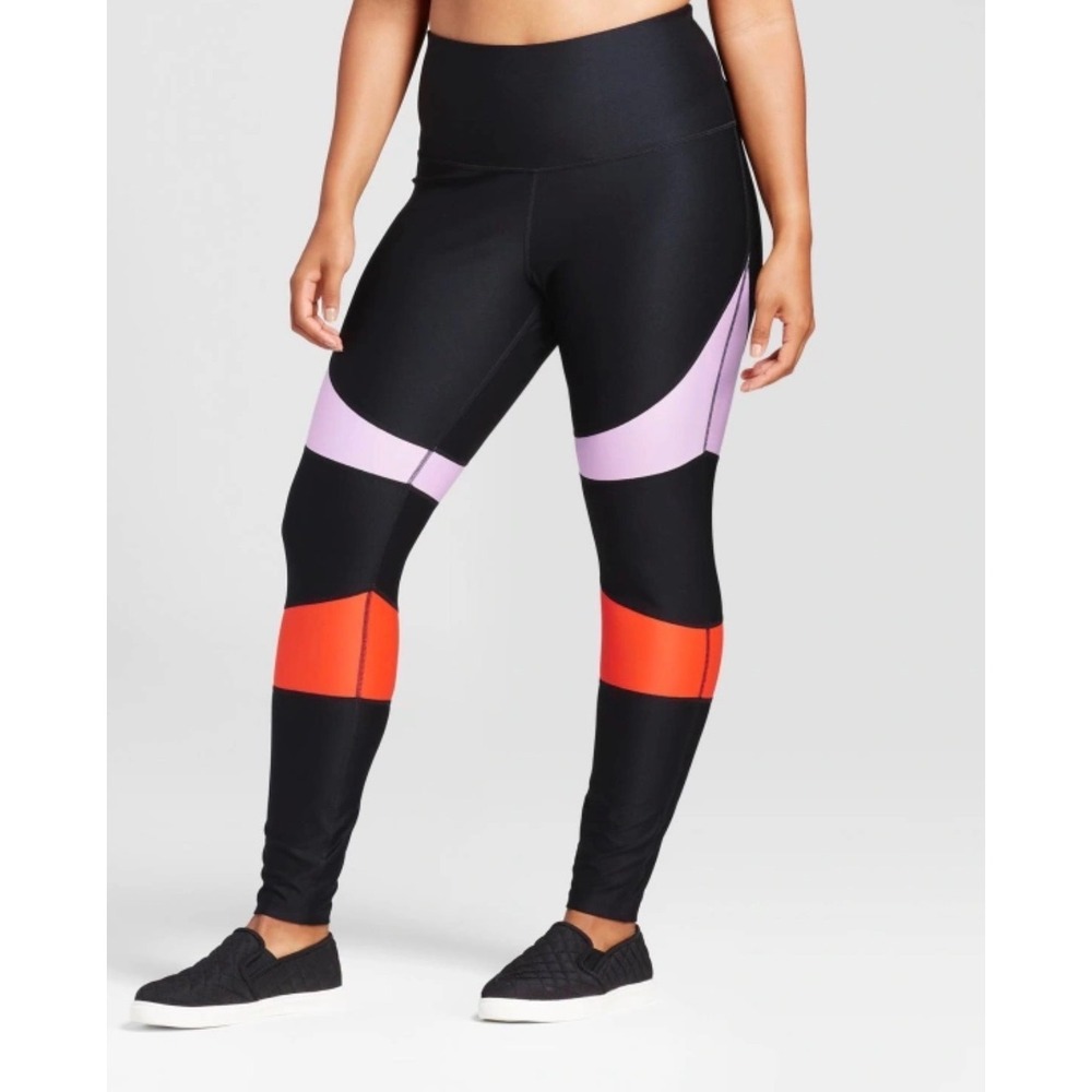 JoyLab Womens High Waisted Colorblock Leggings‎ Black Lavender Orange XL